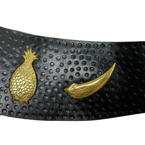 Vintage Rare 70s Black Leather Brass Fruit Applique Waist Belt M